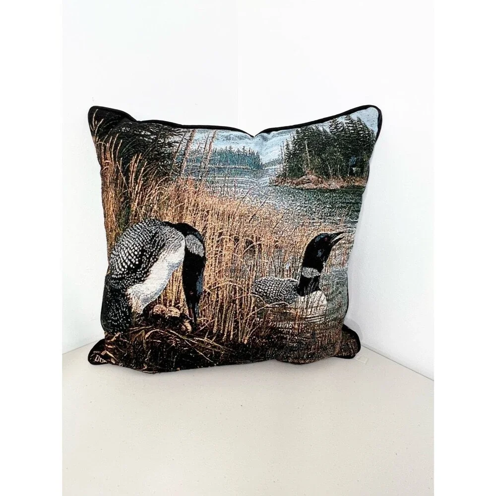 Ducks Unlimited Nesting Loon Pair Forest Rustic Cabin Tapestry Pillow 17”x17”